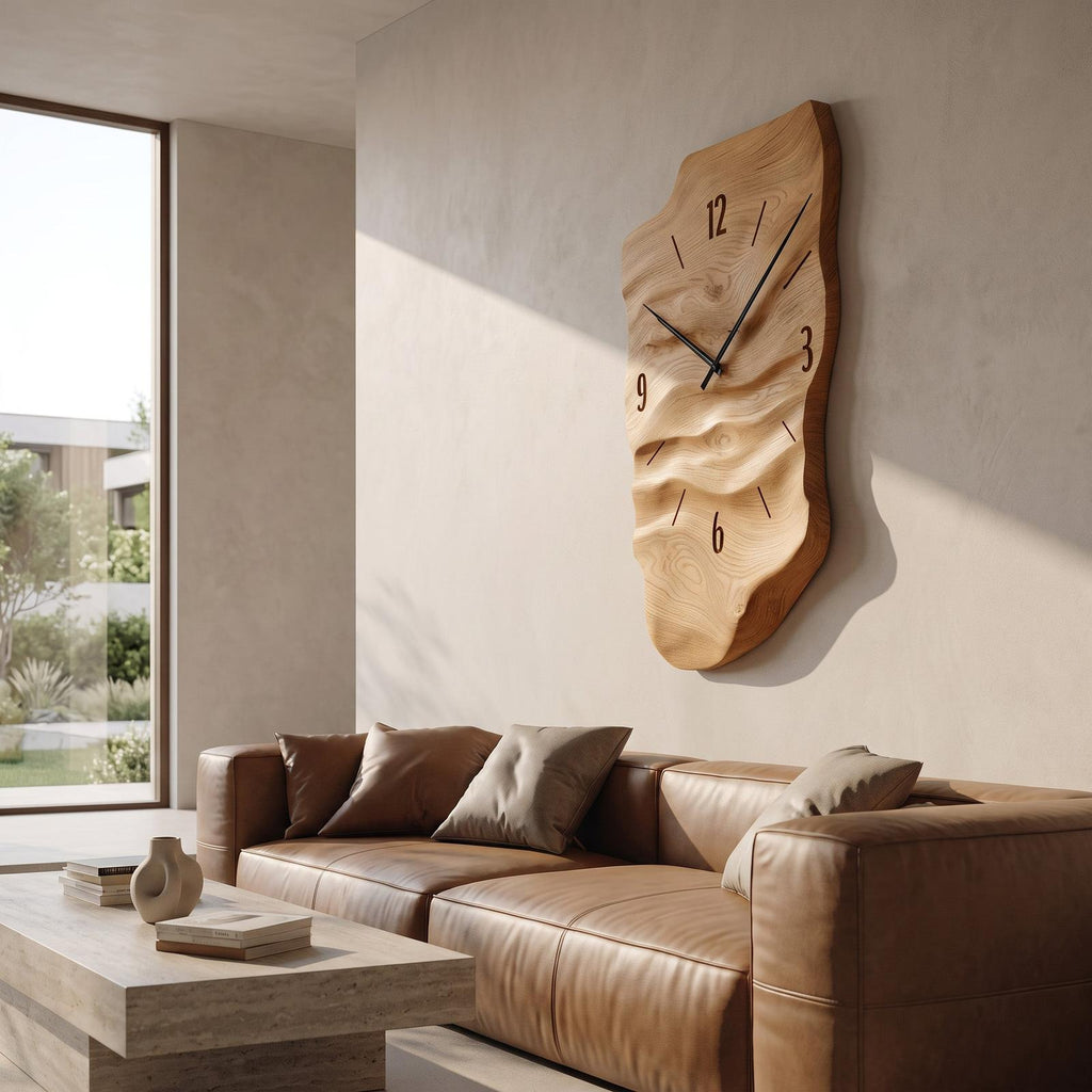 Modern Wall Clock, Carved Wood Circular Abstract Design Hanging Clock for Living Room & Bedroom Wall Decor