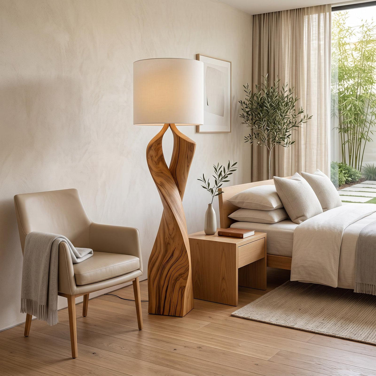 Spry Interior Modern Twisted Wood Floor Lamp, Sculptural Wooden Standing Light for Bedroom, Living Room & Office, SITHHNLAM017