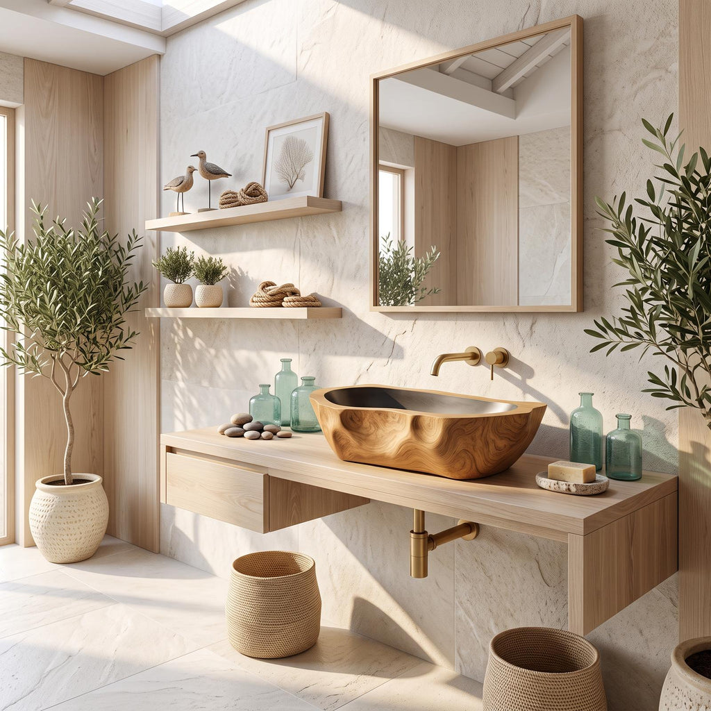 Mid Century Solid Wood Vessel Sink, Handcrafted Natural Live Edge Wooden Wash Basin for Modern Bathroom Vanity Makeover