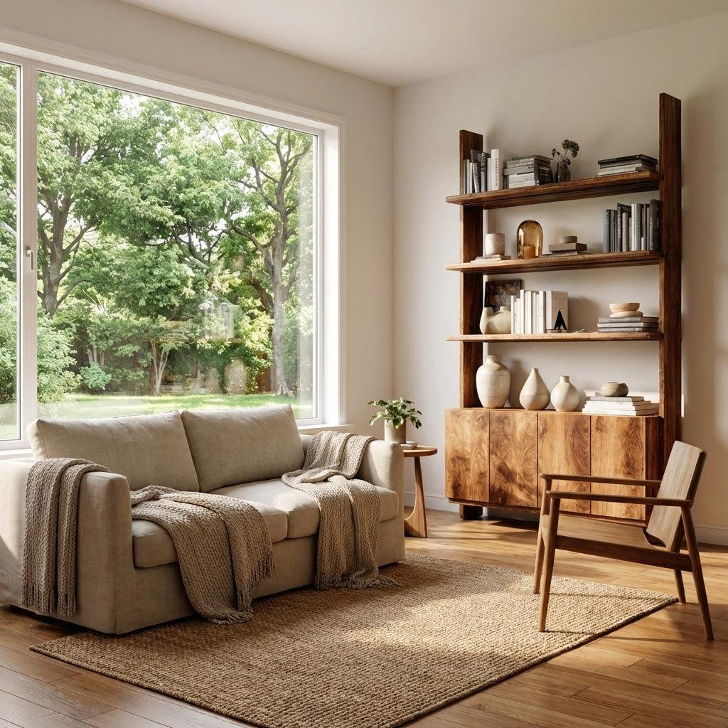 Modern Wood Bookshelf with Open Storage Shelves & Drawers, Handcrafted Bookcase for Living Room & Office