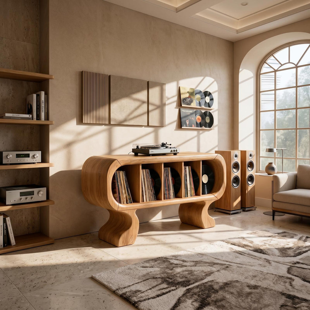 Contemporary Curved Wooden Record Player Stand, Handcrafted Modern Turntable Desk and Vinyl Storage Cabinet, Model