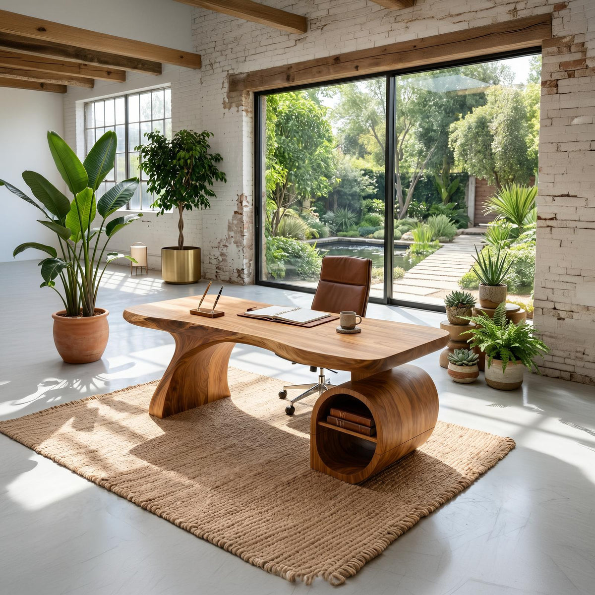 Modern Sculpted Wood Office Desk with Open Shelving Storage, Handcrafted Solid Wood Computer Desk, Writing Table
