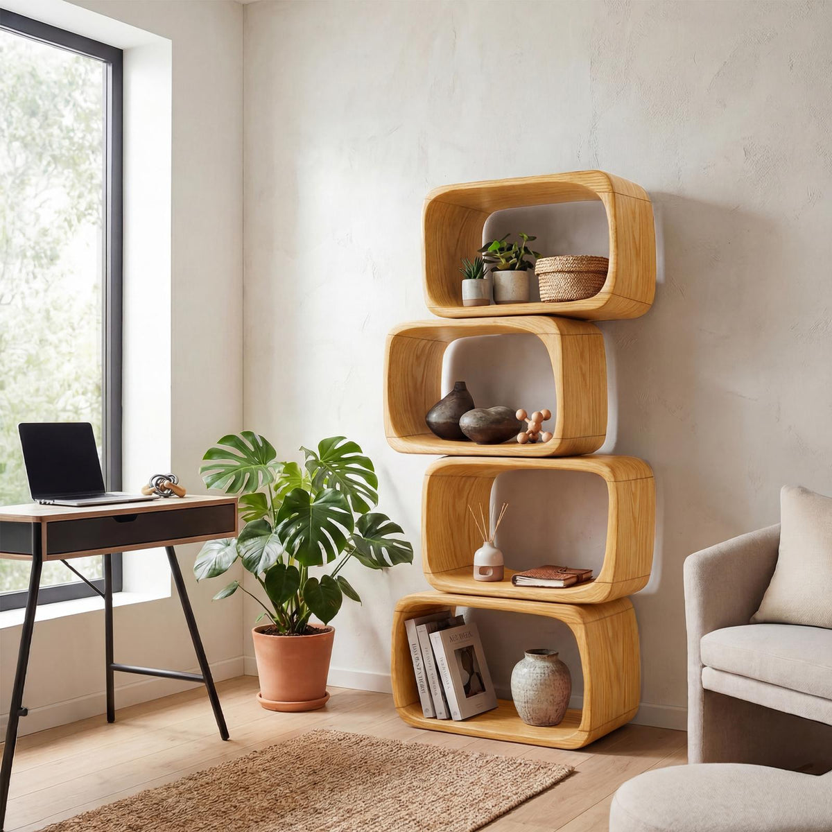 Japandi Asymmetrical Bookshelf, Minimalist Wooden Bookcase Storage Shelf for Bathroom & Living Room