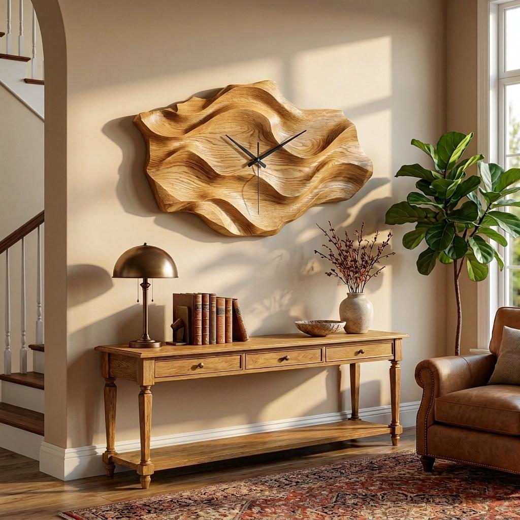 Artistic Wooden Wall Clock, Wavy Design Modern Abstract Wood Clock for Living Room & Luxury Home Decor