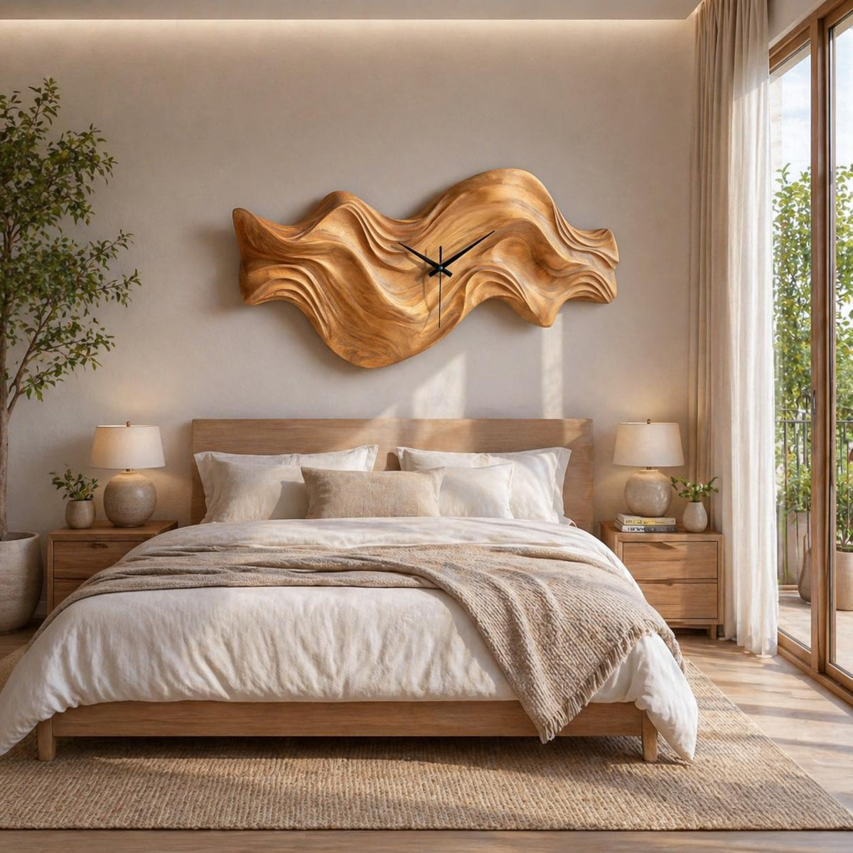Modern Wooden Wall Clock, Organic Wave Solid Wood Hanging Art Timepiece for Cozy Bedroom Decor