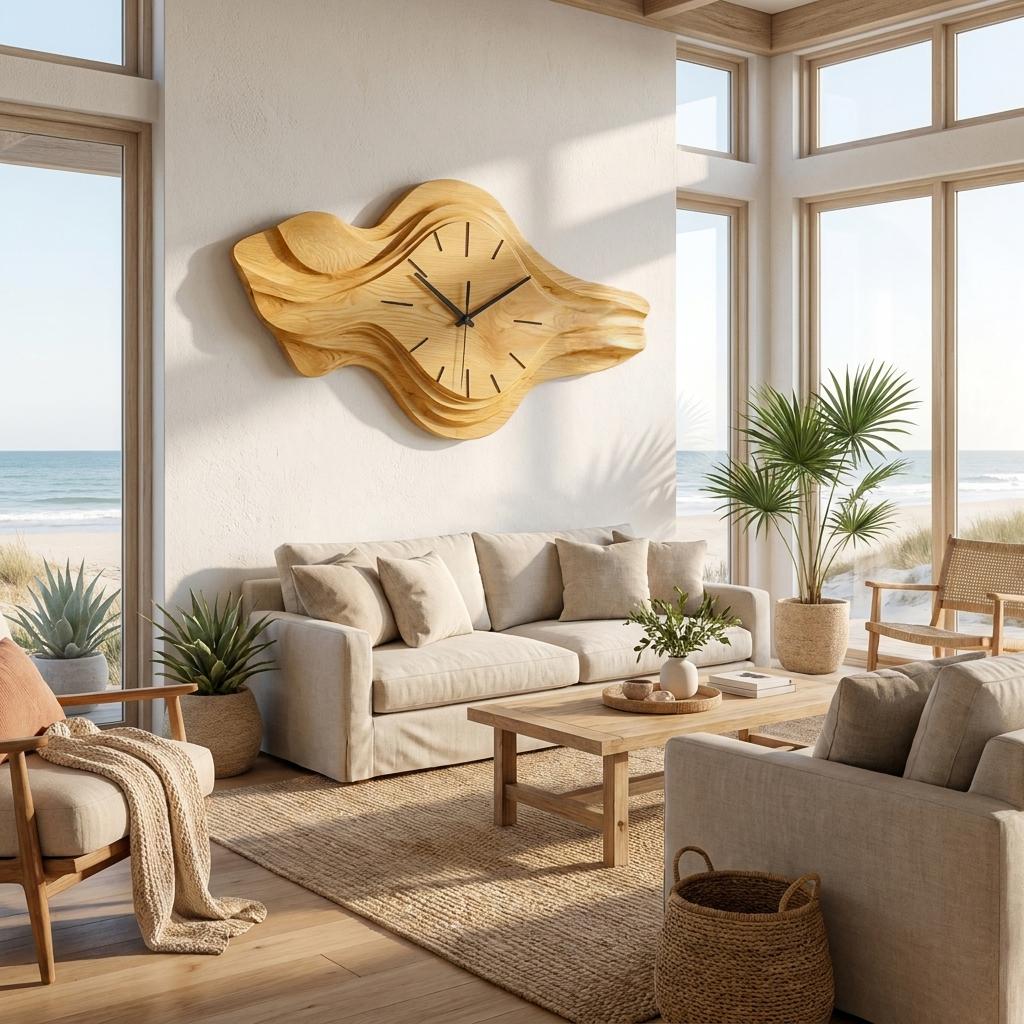 Organic Wooden Wall Clock, Sculptural Wave Design Wood Clock for Bedroom, Living Room & Office Wall Decor