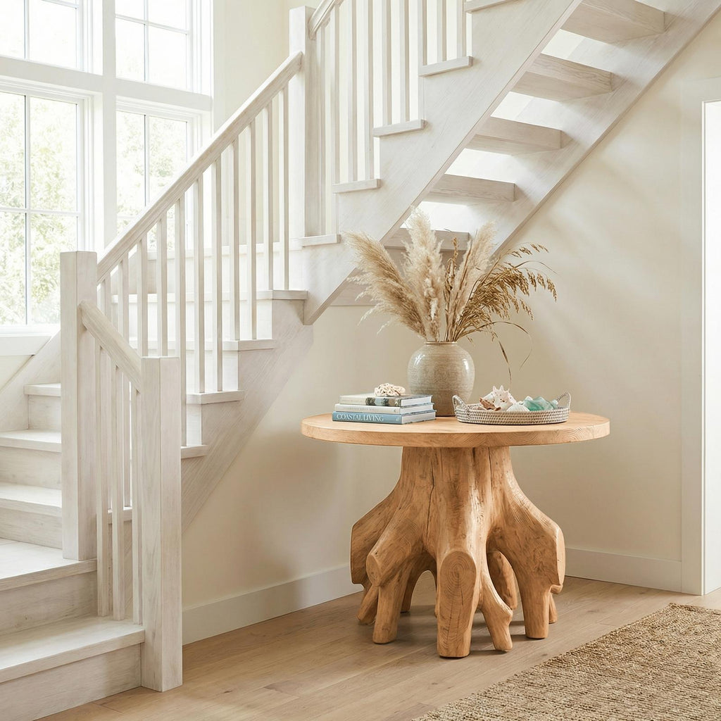 Organic Sculptural Foyer Table, Solid Wood Round Entryway Accent Table for Living Room