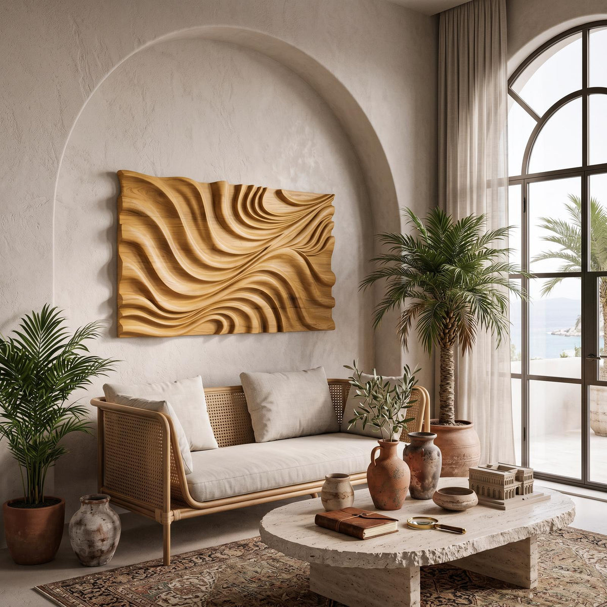 Elegant Wave Wood Wall Art Sculpture, 3D Handcrafted Wooden Wall Panel Decor for Modern Living Room & Bedroom