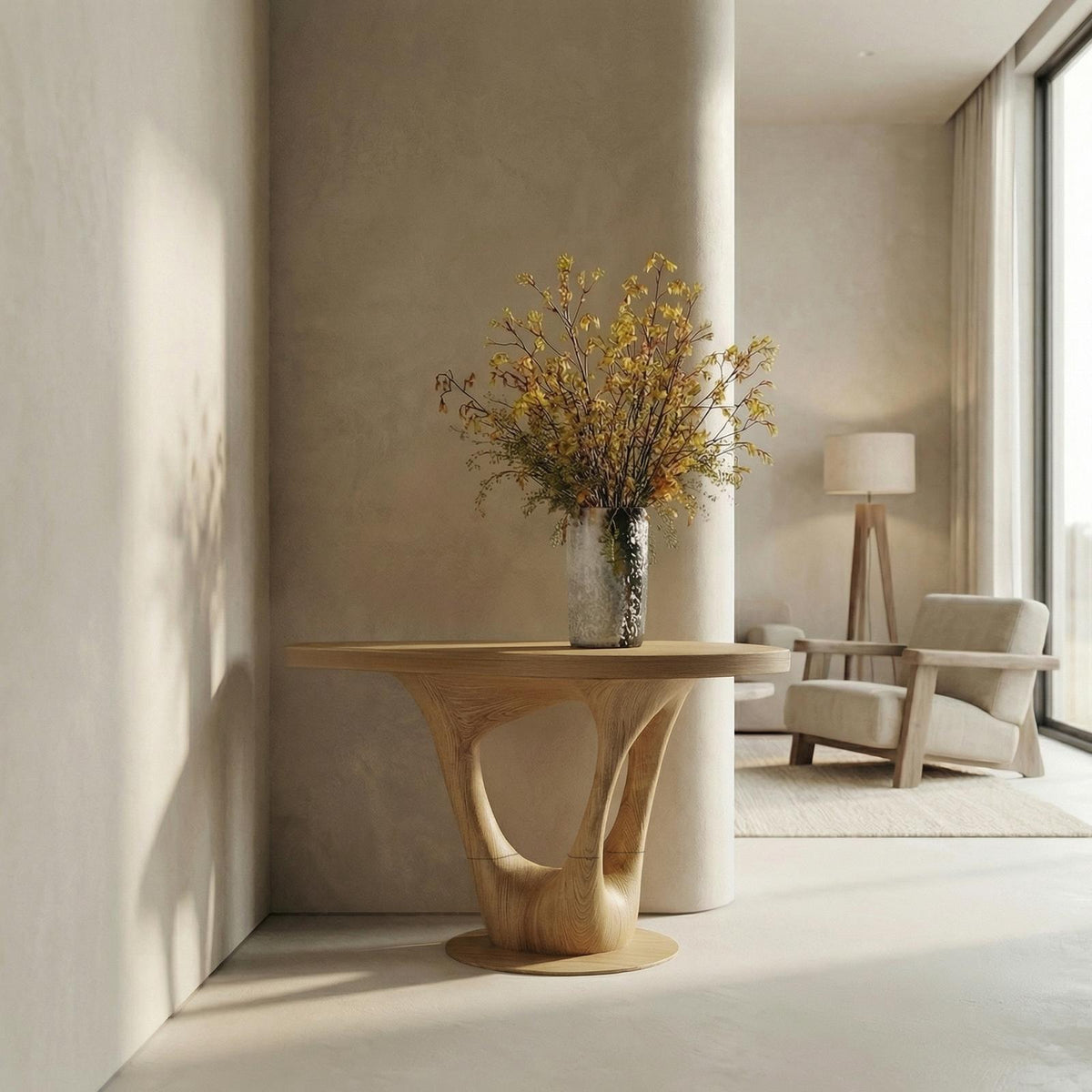 Sculptural Contemporary Entryway Foyer Table, Solid Wood Artistic Accent Table for Hallway Decor