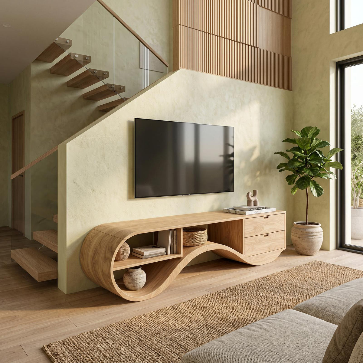 Minimalist Organic Wood TV Console, Mid-Century Modern Media Stand & Entertainment Center for Home Theater