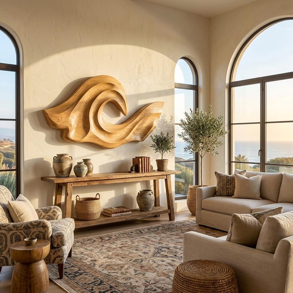 Ocean Wave Inspired Wood Wall Art, 3D Hand-Carved Coastal Wooden Sculpture Panel for Living Room Decor