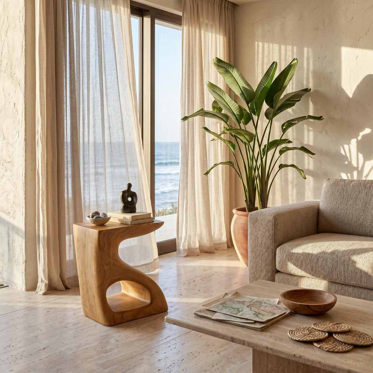 Modern Sculptural Side Table, Solid Wood End Table & Accent Pedestal for Living Room Sofa or Bedroom Nightstand
