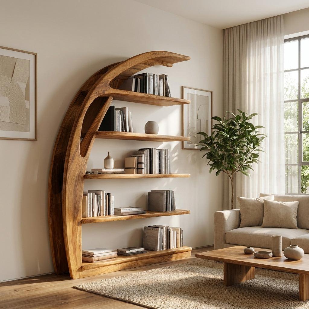 Minimal Curved Wooden Bookshelf, Handcrafted Solid Wood Bookcase for Modern Living Room Display & Office