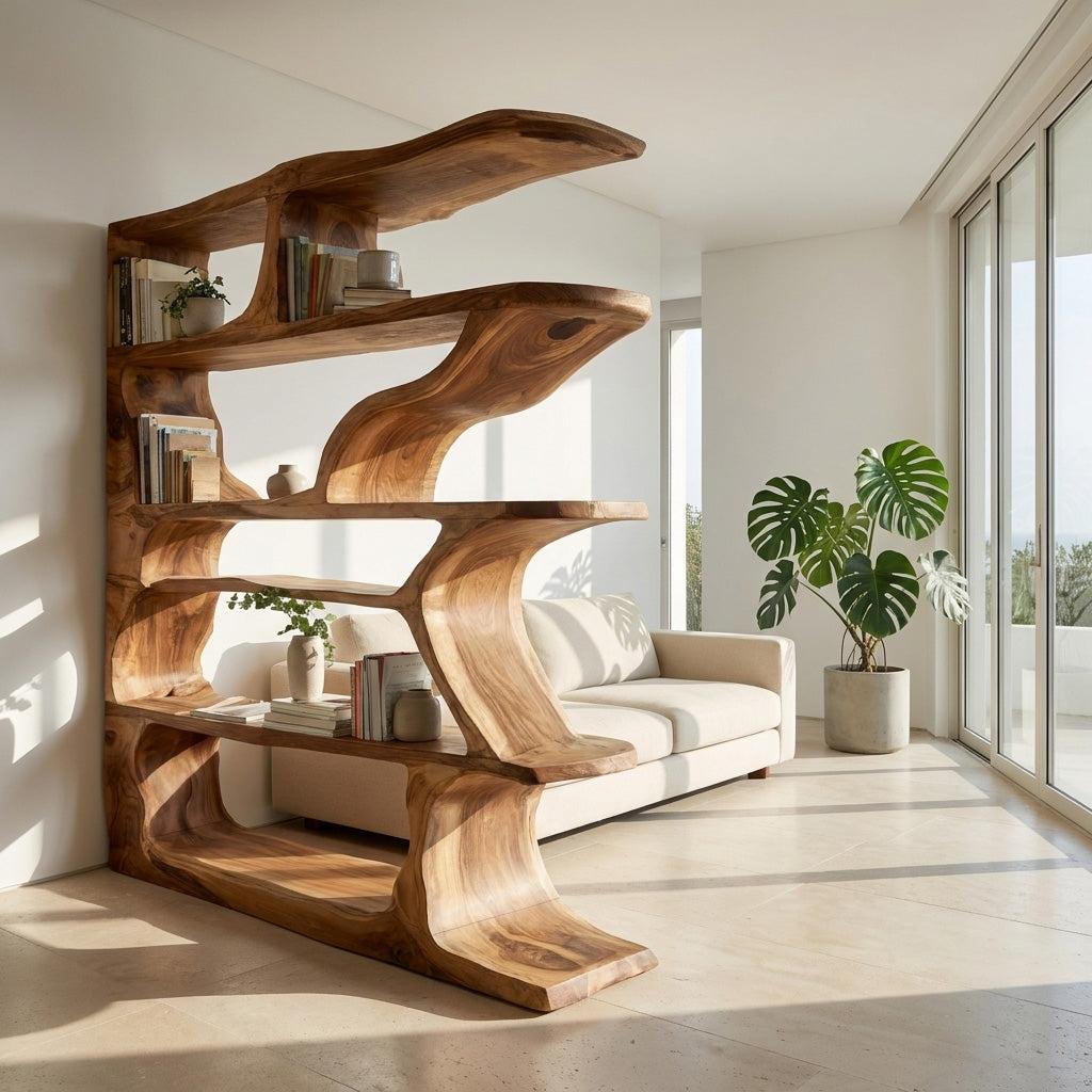 Contemporary Artistic Wooden Bookshelf, Handcrafted Solid Wood Bookcase with Open Shelves for Living Room Storage