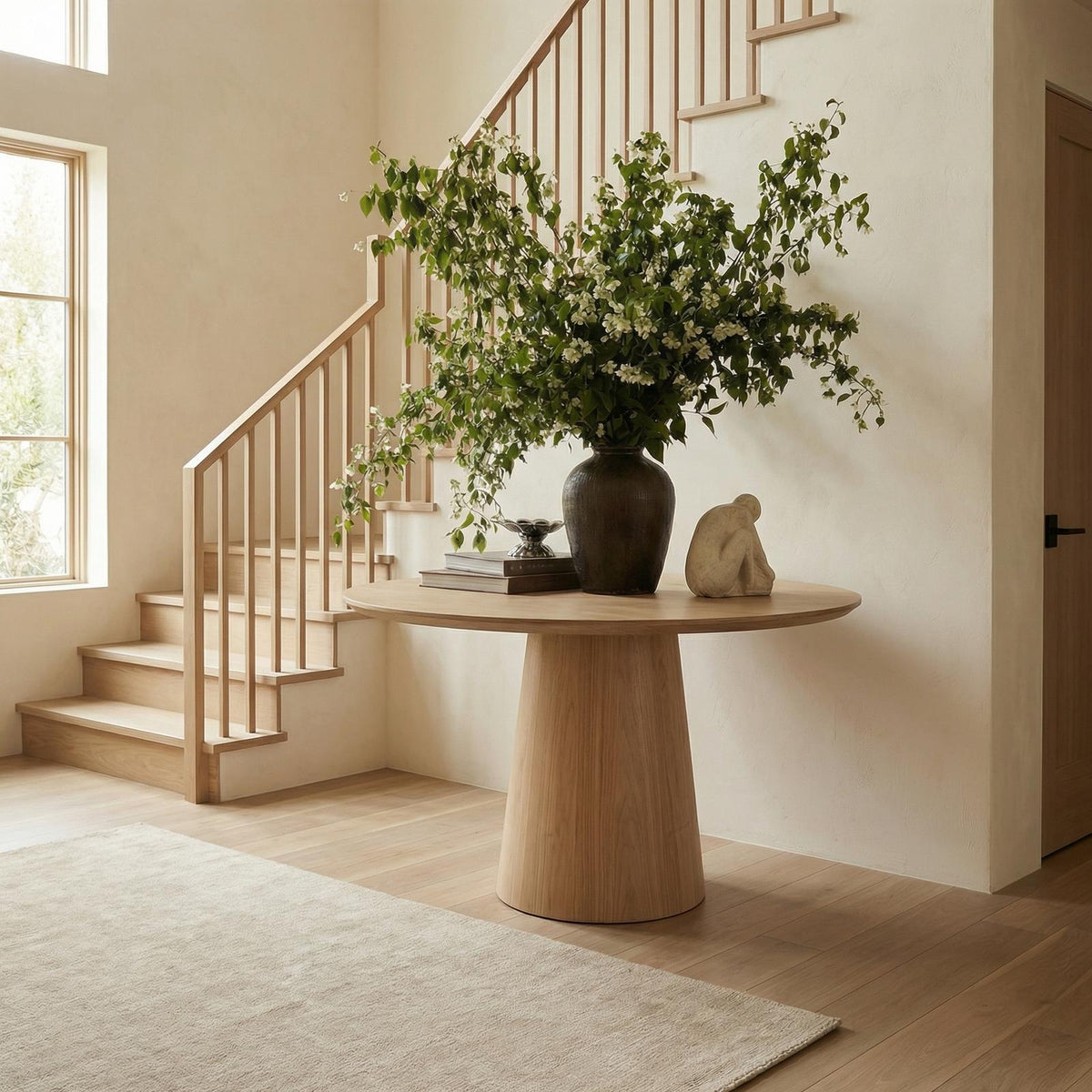 Minimalist Round Entryway Table, Solid Wood Modern Foyer & Hallway Accent Pedestal Table