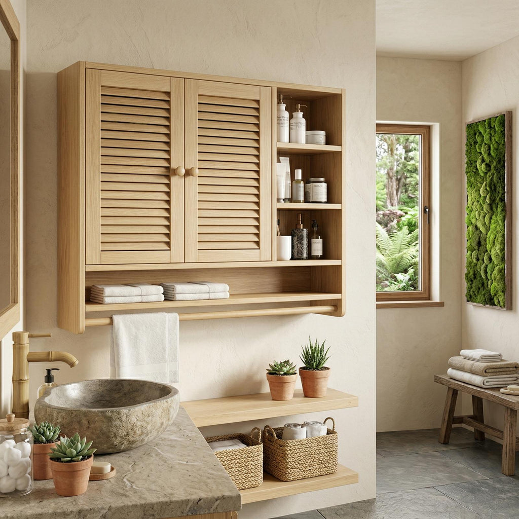 Rustic Bathroom Cabinet, Solid Wood Wall-Mounted Storage Organizer Cupboard for Bathroom