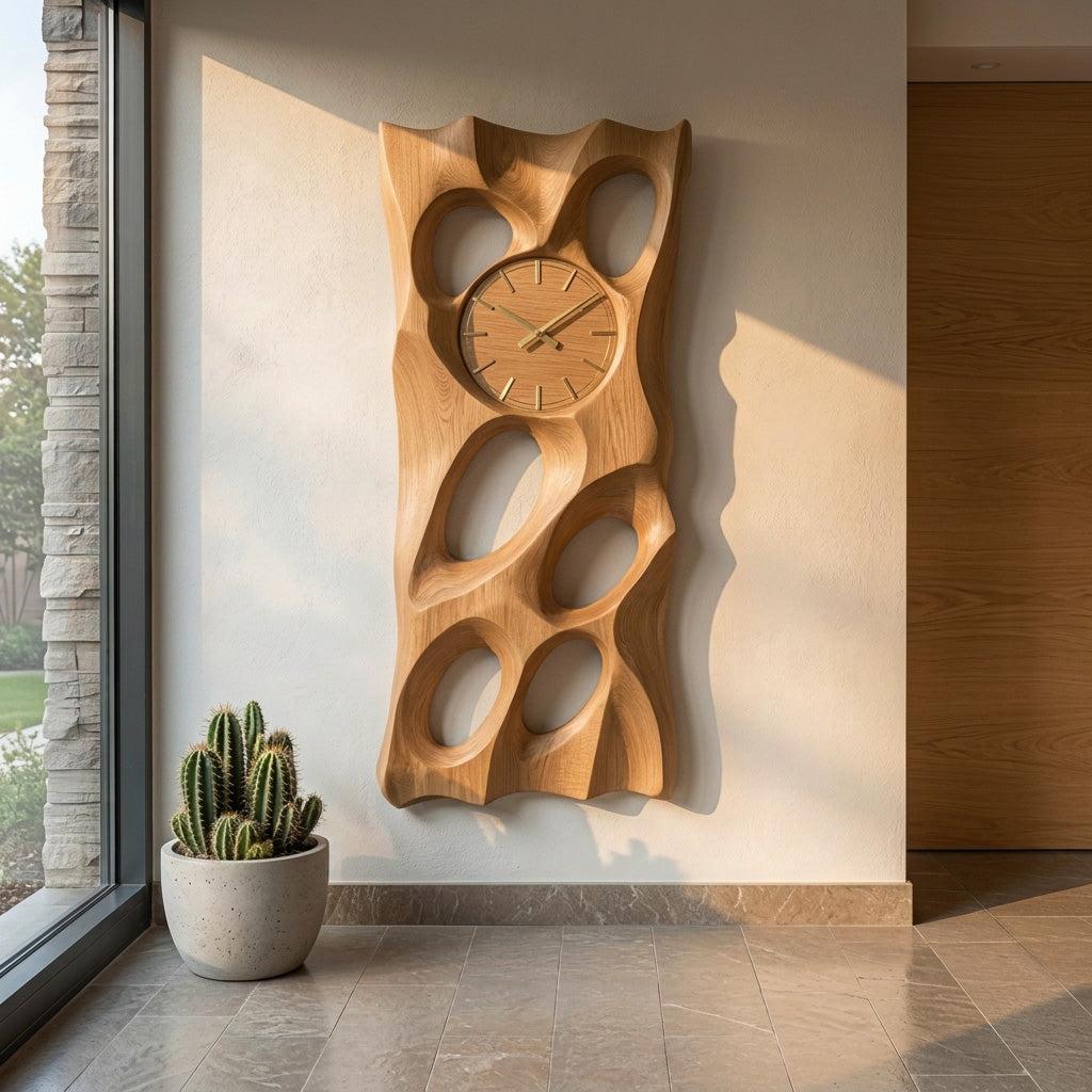 Wooden Wall Clock with Openwork Geometric Design, Modern 3D Carved Wood Hanging Clock for Living Room Wall Decor