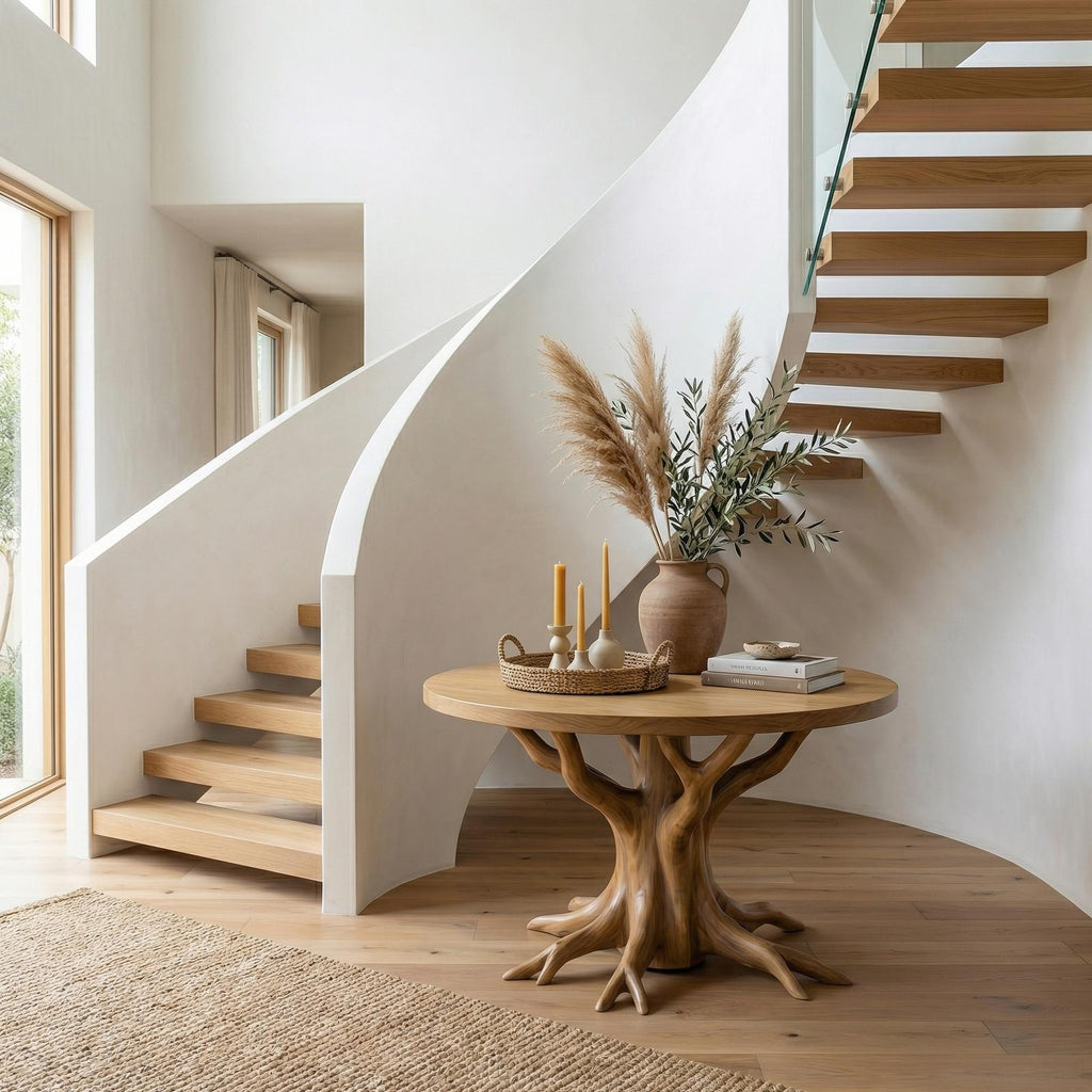 Rustic Pedestal Foyer Table, Solid Wood Round Entryway Table, Handcrafted Accent Table for Living Room