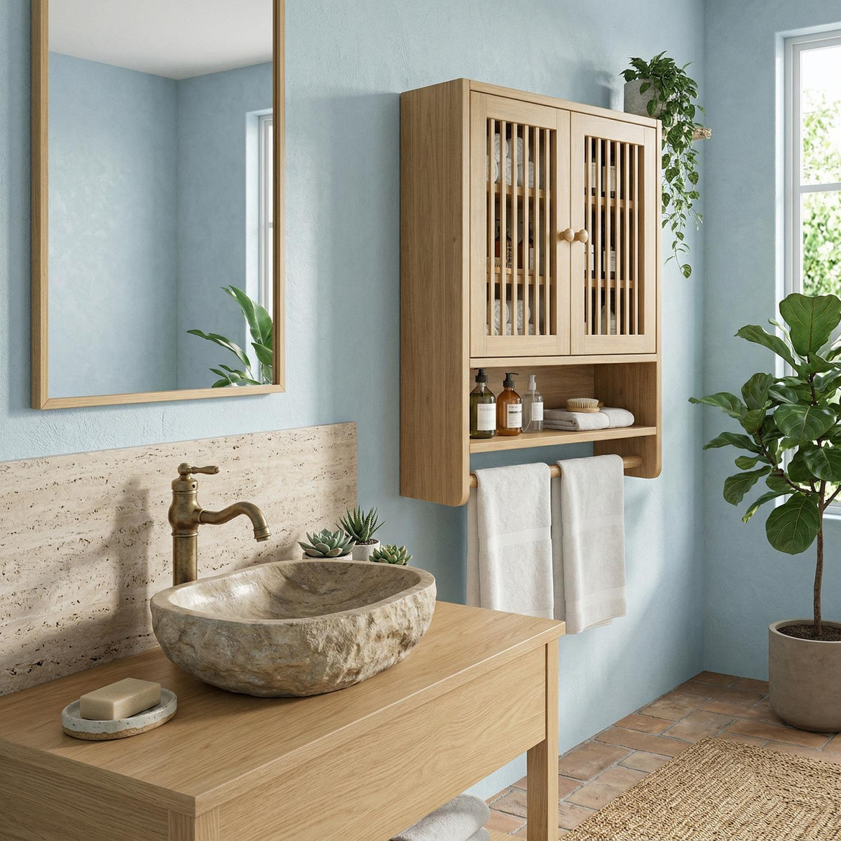 Bathroom Cabinet with Shelves, Solid Wood Wall Storage Organizer Cupboard for Bathroom Space