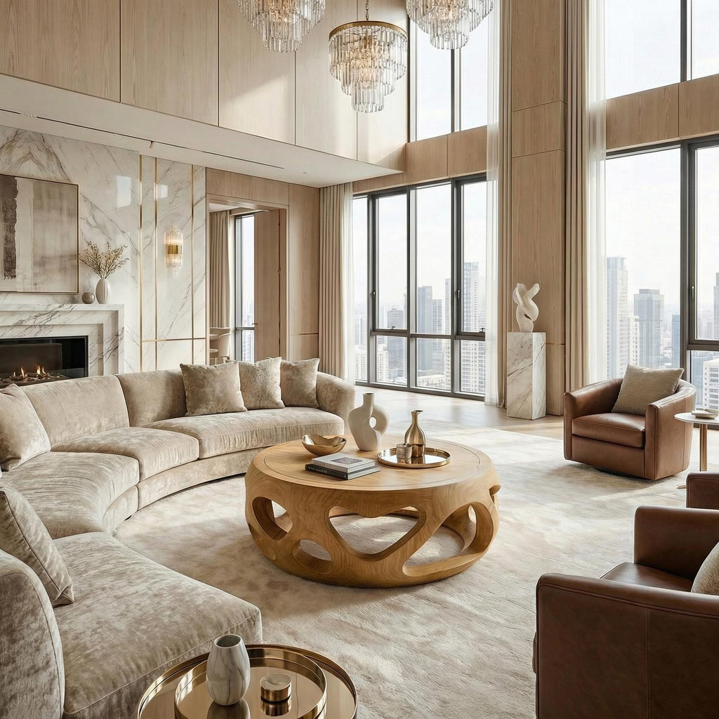 Spry Interior Organic Coffee Table, Solid Wood Circular Hollow Sculptural Center Table, Modern Living Room Furniture, SINLSACF352