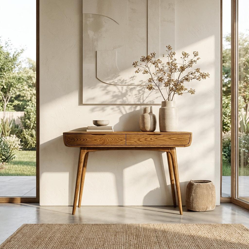 Mid-Century Natural Wood Console Table, Handcrafted Entryway Sofa Table for Hallway & Living Room Decor, Model
