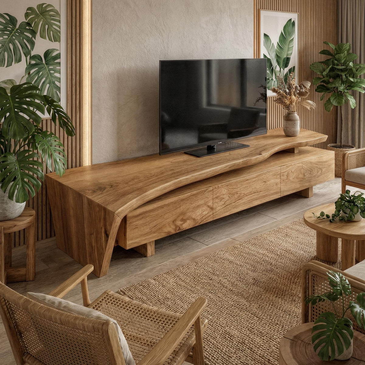 Sculptural Rustic TV Cabinet Solid Wood Living Room