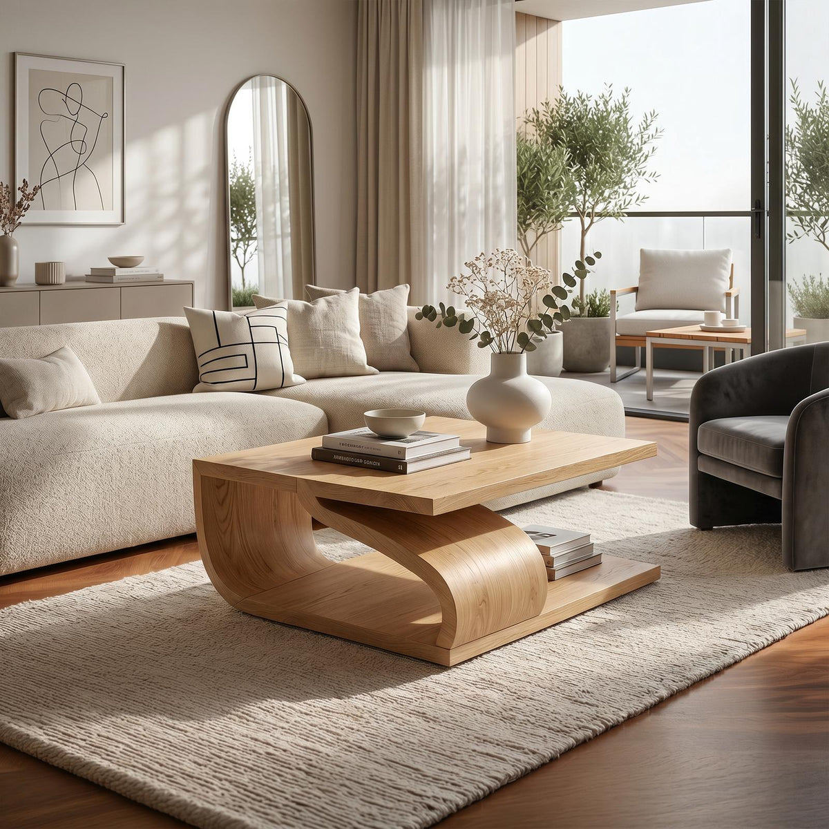 Modern Curved Base Wood Coffee Table, Solid Wood Sculptural Center Table for Apartment Living Room, Minimalist