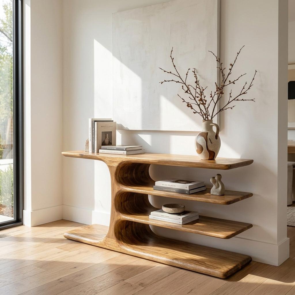 Organic Wooden Console Table with Layered Shelving, Handcrafted Entryway Table for Hallway & Living Room, Model