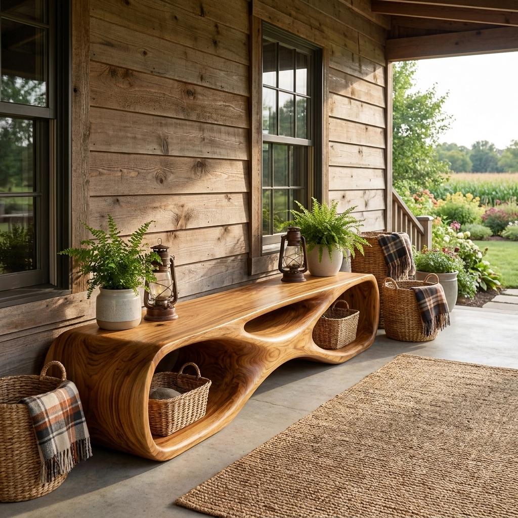 Artistic Wooden Bench, Organic Curved Shape Solid Wood Entryway Bench Seat Accent Furniture for Living Room
