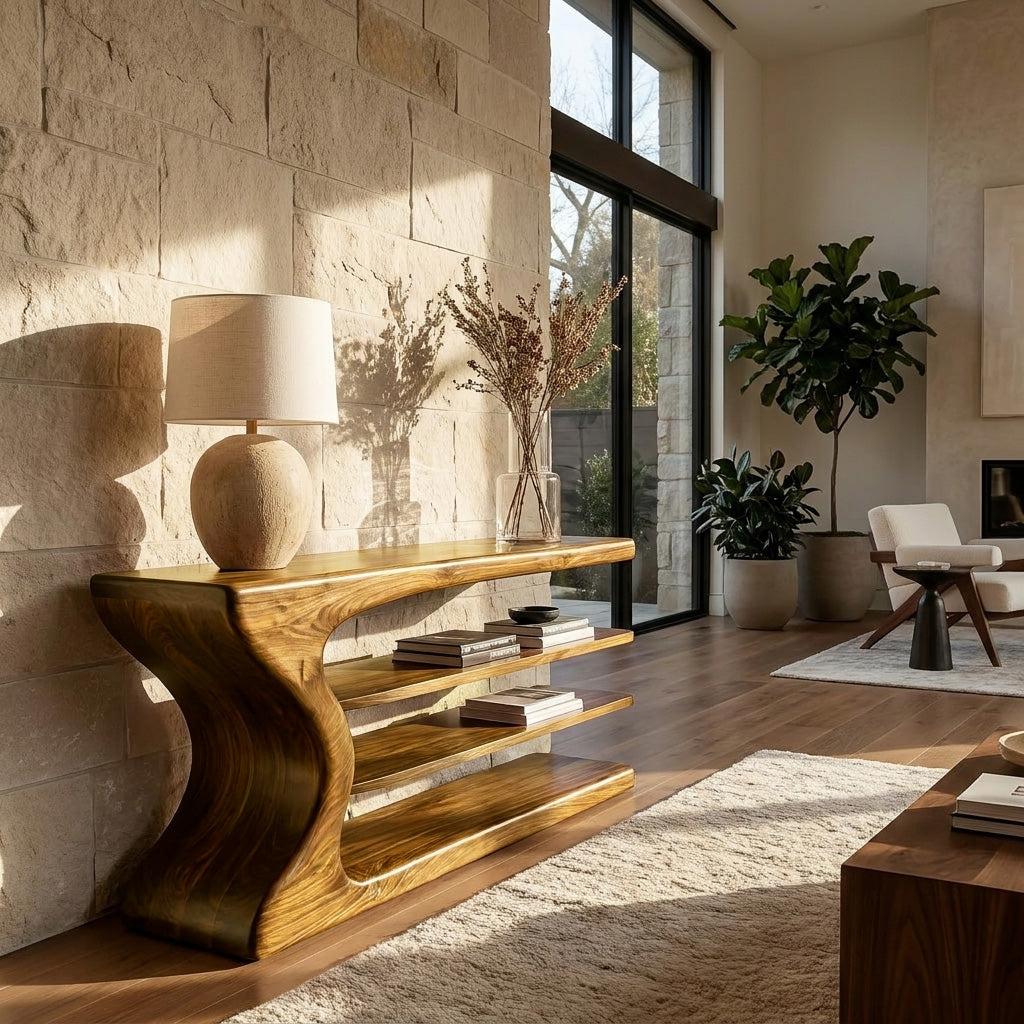 Artistic Natural Wood Console Table, Handcrafted Entryway Table for Minimalist Foyer & Living Room Interior, Model