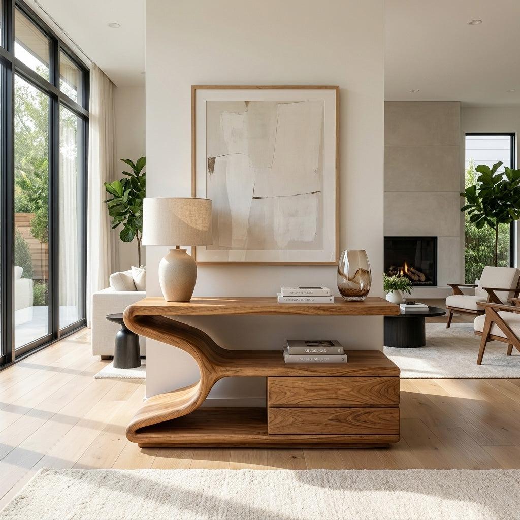 Modern Wooden Console Table with Storage, Handcrafted Statement Entryway Table for Living Room & Hallway, Model