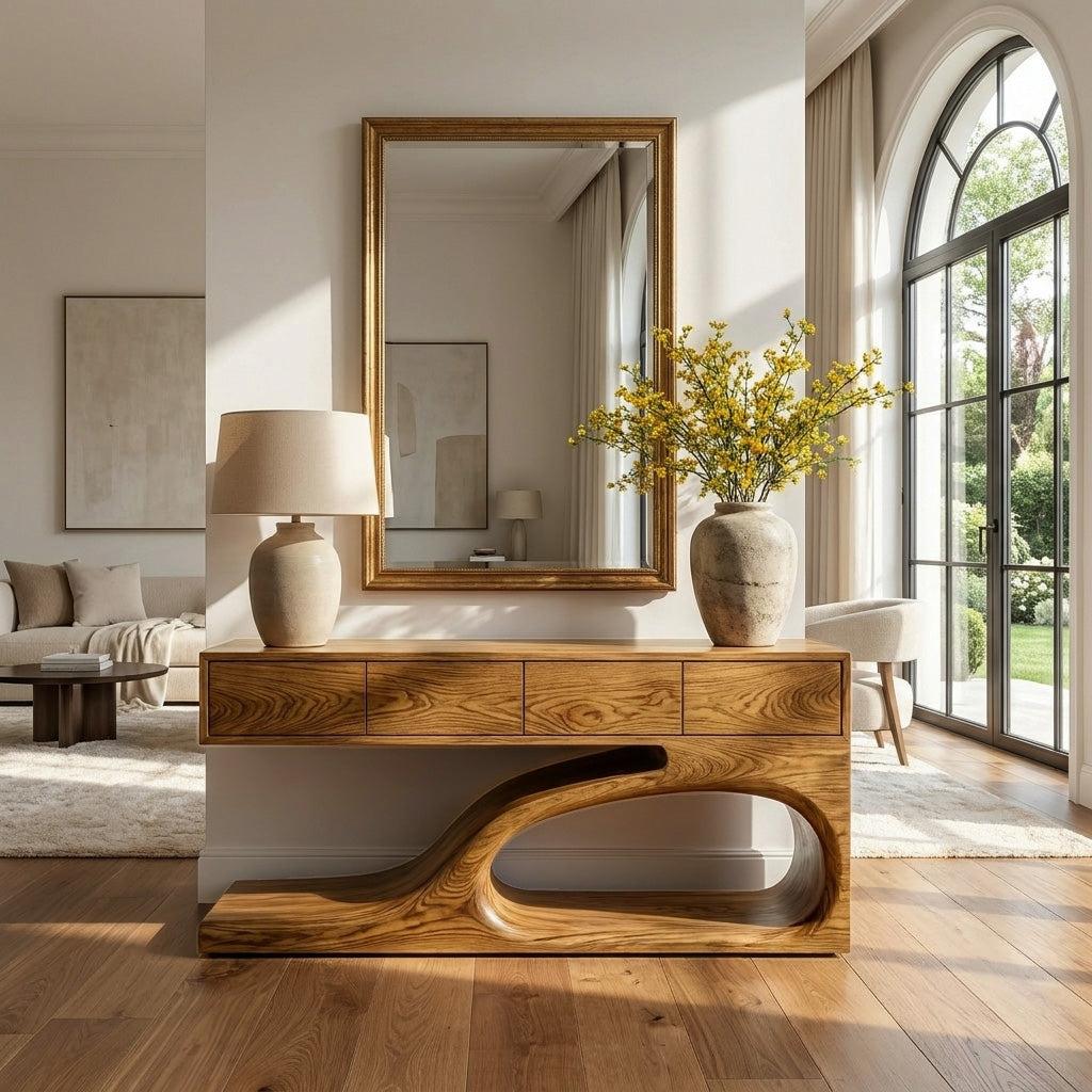 Contemporary Wooden Console Table with Unique Base, Handcrafted Entryway Table for Living Room & Hallway, Model