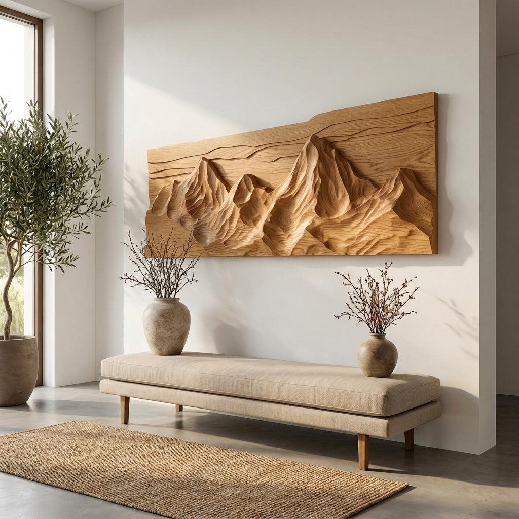 Contemporary Sculptural Wood Wall Art, Mountain Landscape 3D Carved Wood Sculpture Panel for Living Room