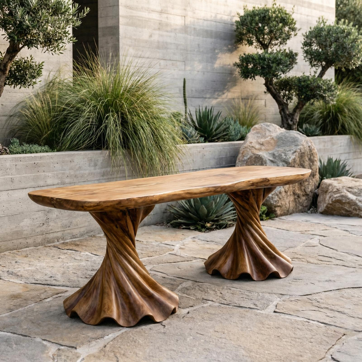 Spry Interior Rustic Bench, Solid Wood Twisted Spiral Pedestal Base Seating, Modern Entryway & Hallway Accent Bench, SINLHARS094