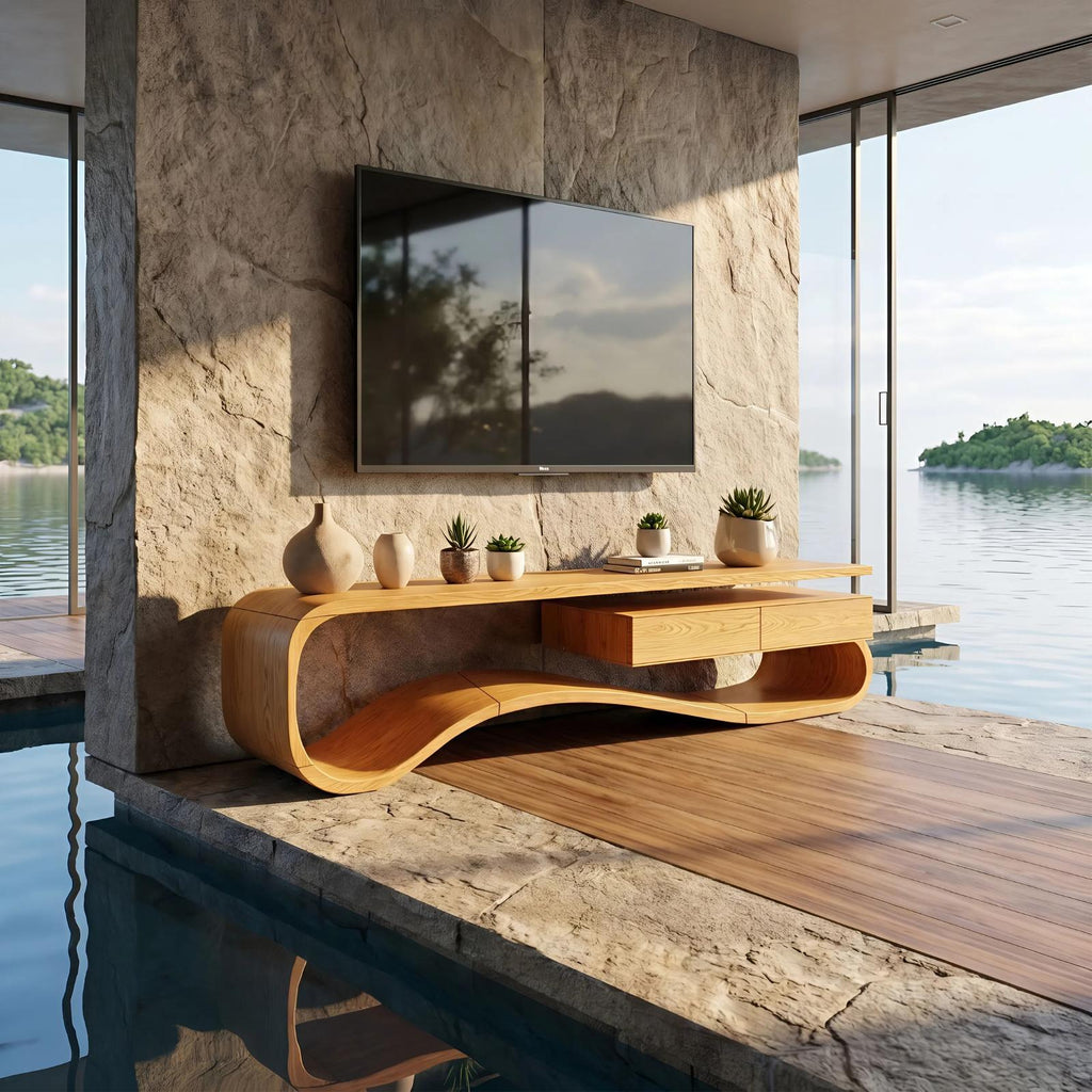 Contemporary Organic Wood TV Stand, Modern Media Console & Entertainment Center Cabinet for Lounge