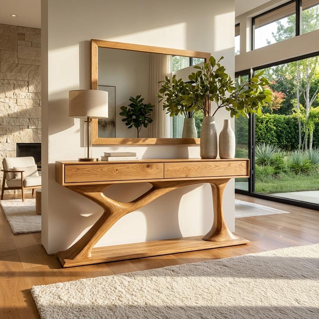 Contemporary Wooden Console Table with Sculptural Base, Handcrafted Entryway Foyer Table for Living Room, Model