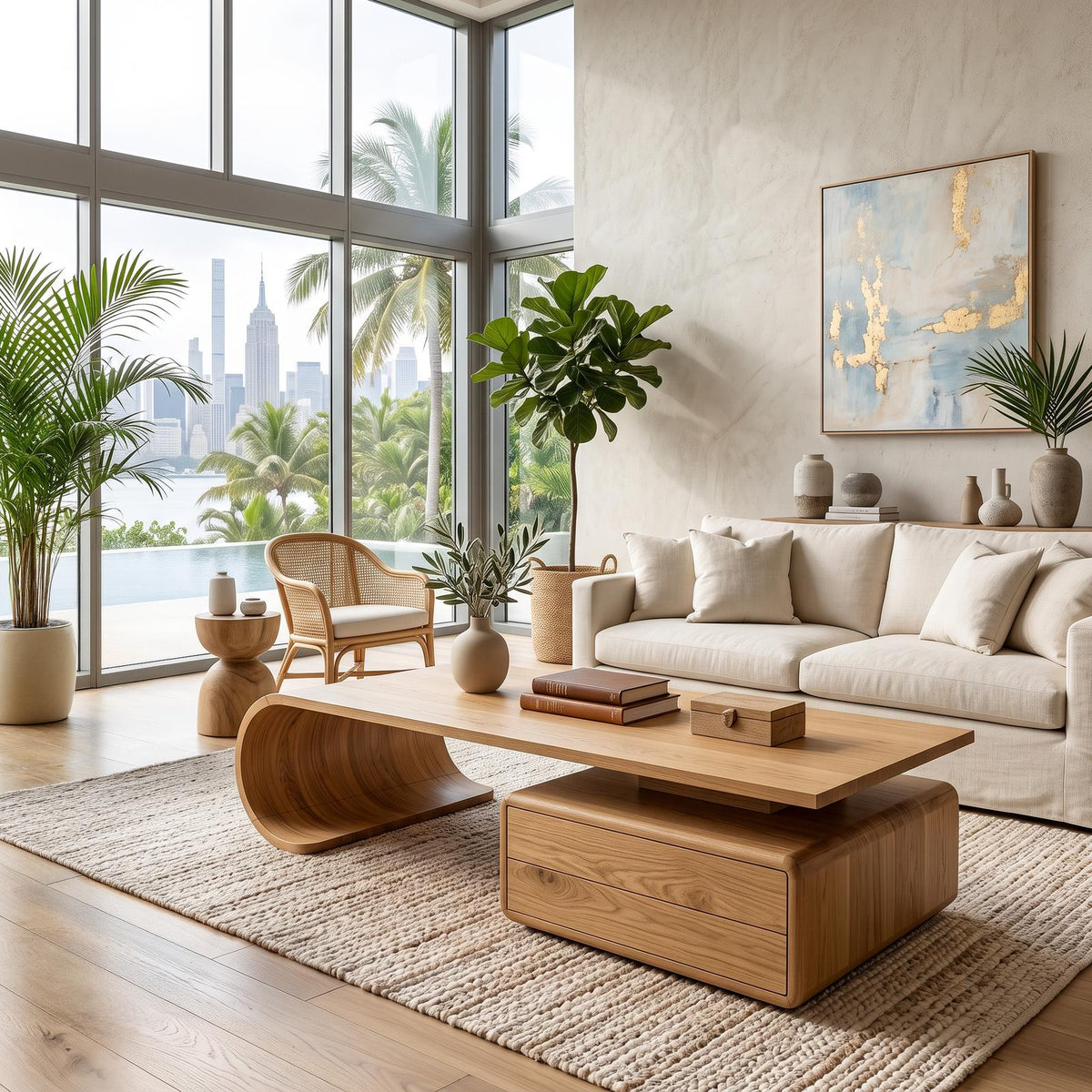 Minimalist Wooden Coffee Table with Hidden Drawer, Modern Low Profile Center Table for Living Room, Model