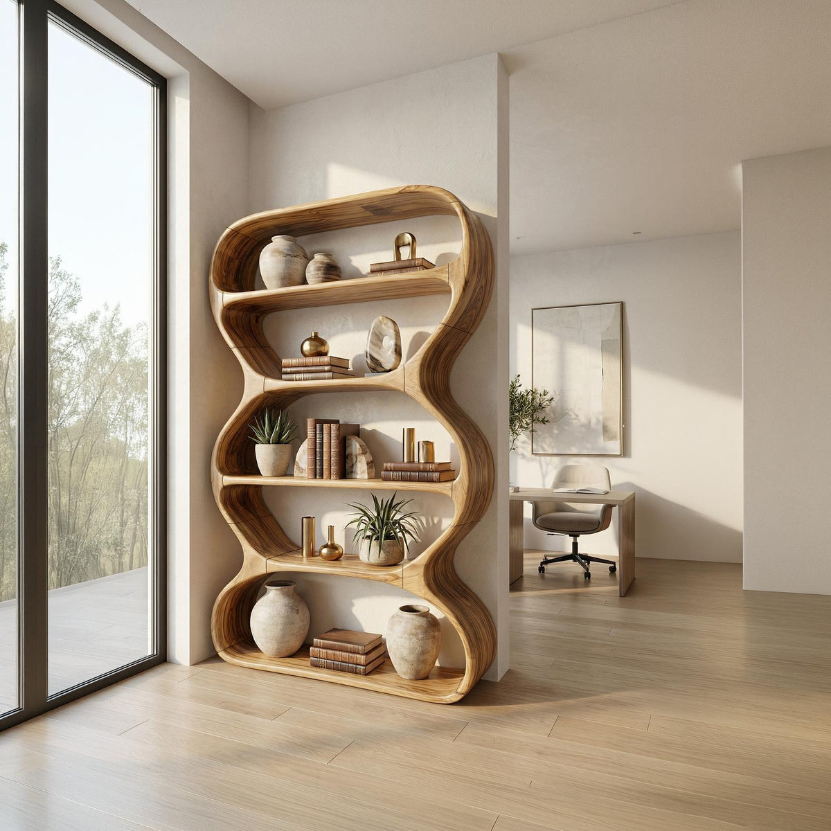 Contemporary Curved Wood Bookshelf, Handcrafted Artistic Solid Wooden Bookshelf and Floating Display Rack for Living Room Decor, SILDTTRBS024