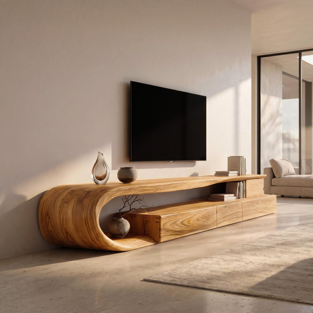 Modern Curved Wooden TV Console Cabinet, Handcrafted Solid Wood Media Storage Credenza with Drawer for Living Room
