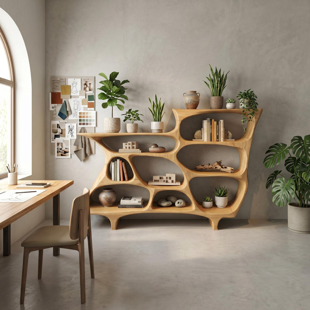 Organic Bookshelf, Handcrafted Modern Wood Multi-Tier Open Storage Display Rack Case for Living Room & Office