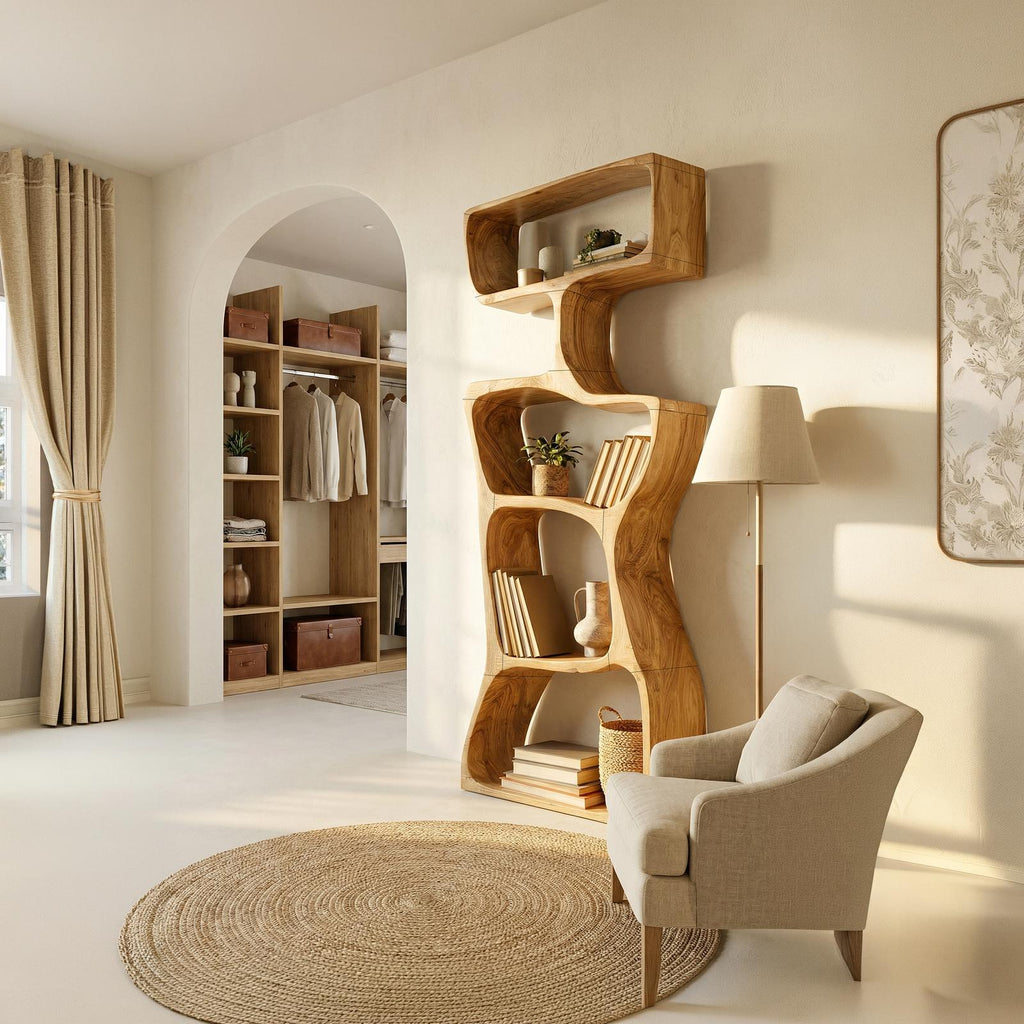 Organic Modern Asymmetrical Bookshelf, Unique Wooden Bookcase Shelf for Living Room & Reading Nook