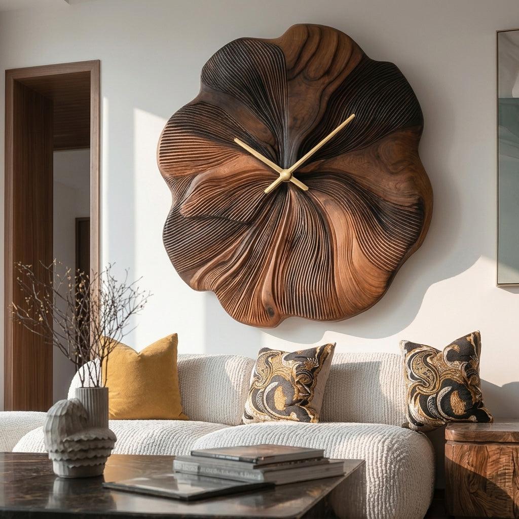 Contemporary Floral Wooden Wall Clock, Handcrafted Flower Shape Solid Wood Timepiece for Living Room