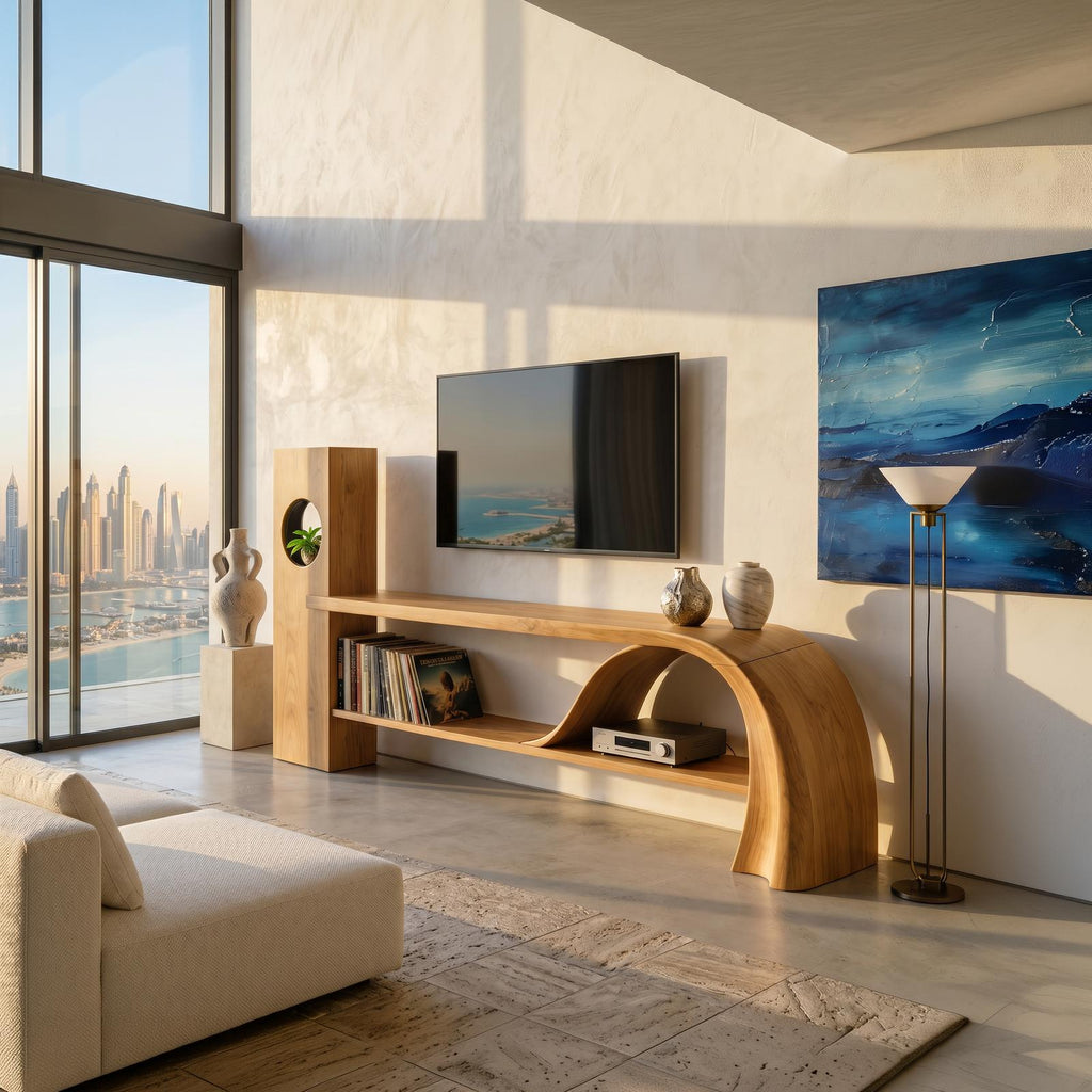 Minimalist Organic TV Stand, Wooden Media Console Cabinet & Living Room Entertainment Center