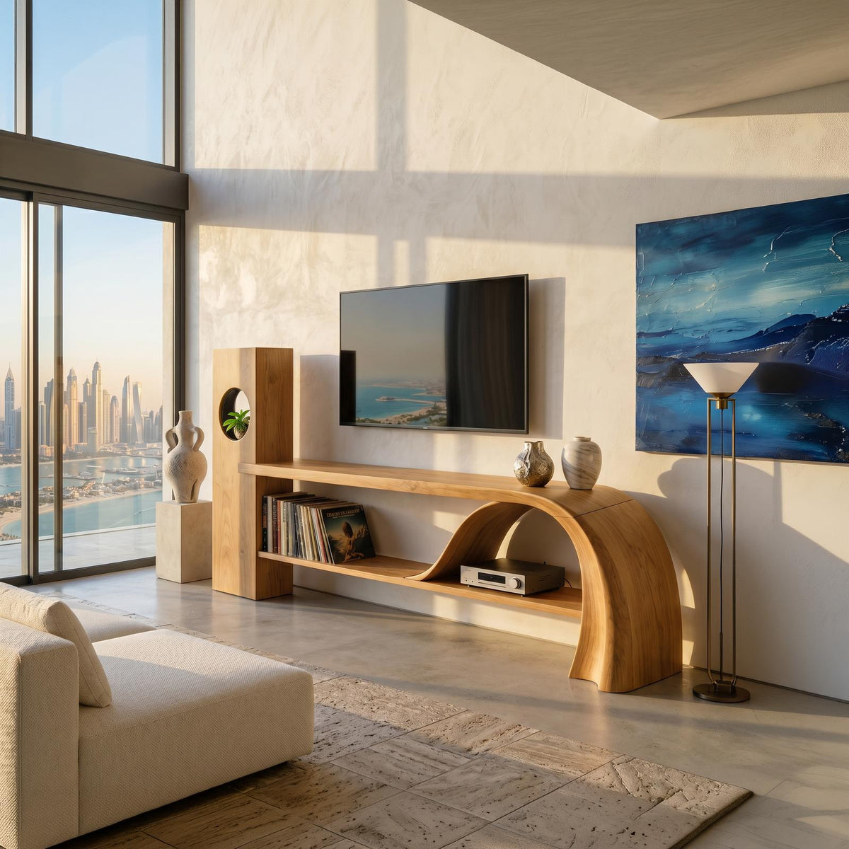 Minimalist Organic TV Stand, Wooden Media Console Cabinet & Living Room Entertainment Center