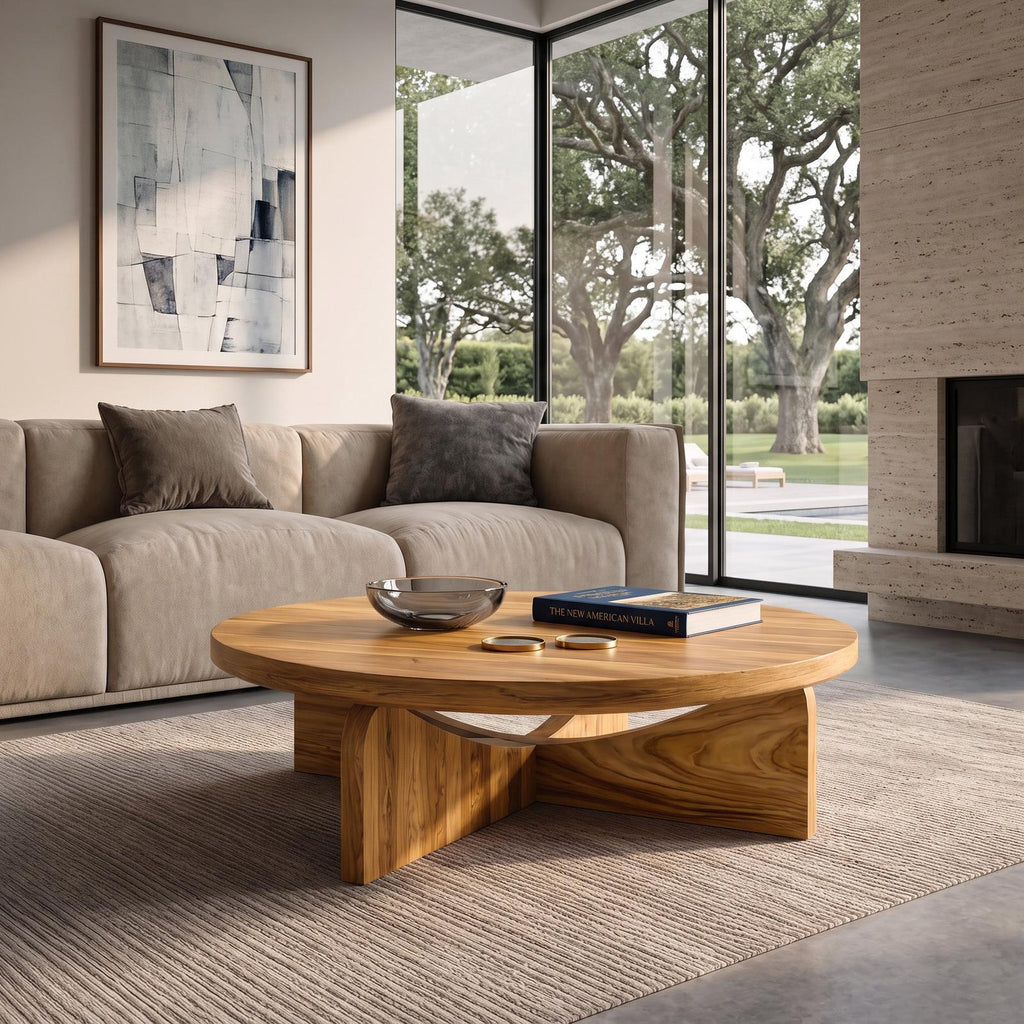 Modern Round Wood Coffee Table with Unique Geometric Base, Contemporary Solid Wood Center Table, Model