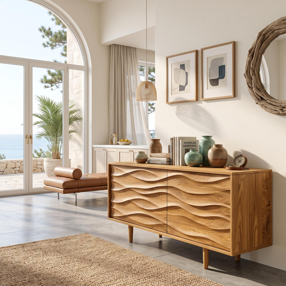 Contemporary Sideboard with Carved Wave Front Panels, Handcrafted Solid Wood Credenza Buffet Cabinet for Home, Model
