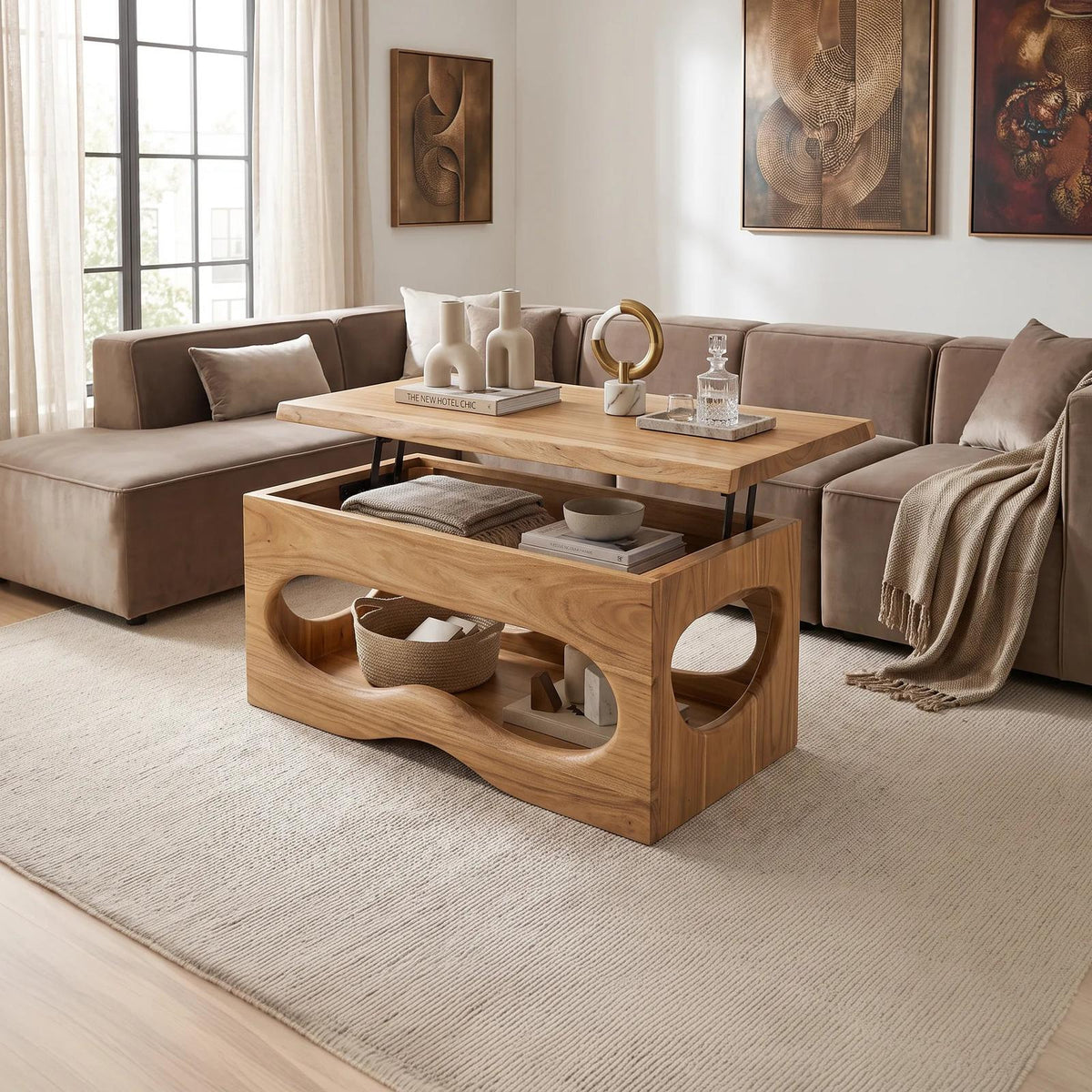 Organic Modern Lift Top Coffee Table Luxury Living Room
