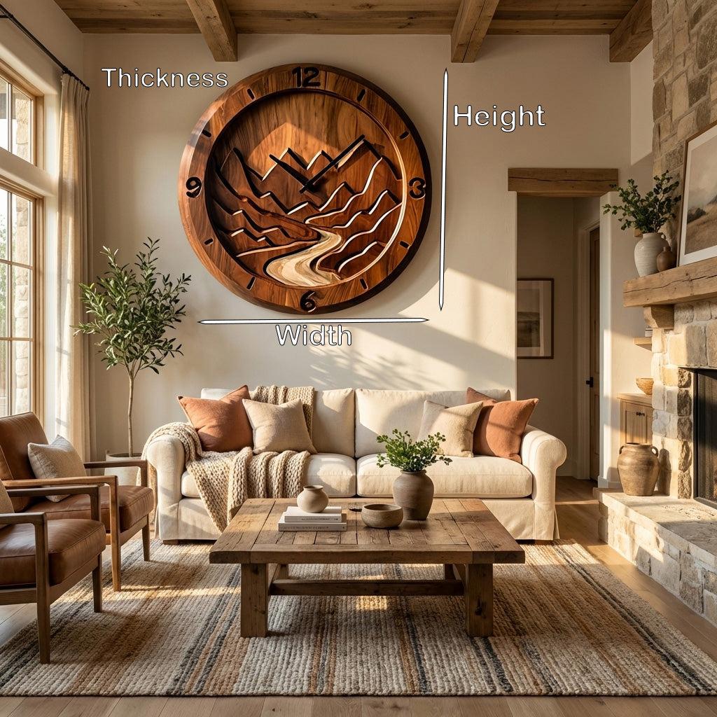 Rustic Wood Wall Clock, Mountain Landscape 3D Hand-Carved Nature Scene Wooden Clock for Living Room Wall Decor