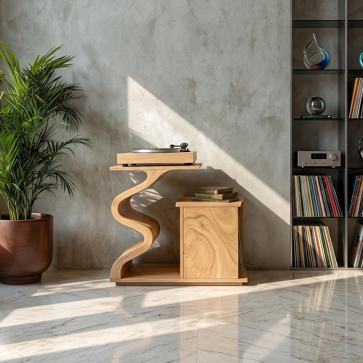 Spry Interior Modern Sculptural Wood Turntable Stand, Handcrafted Unique Geometric Vinyl LP Record Storage Console Table, Model SILDTTRRPT041