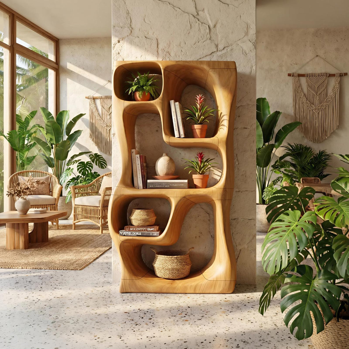 Modern Handcrafted Wooden Bookshelf, Compact Geometric Book Storage Organizer Rack for Small Apartment Home